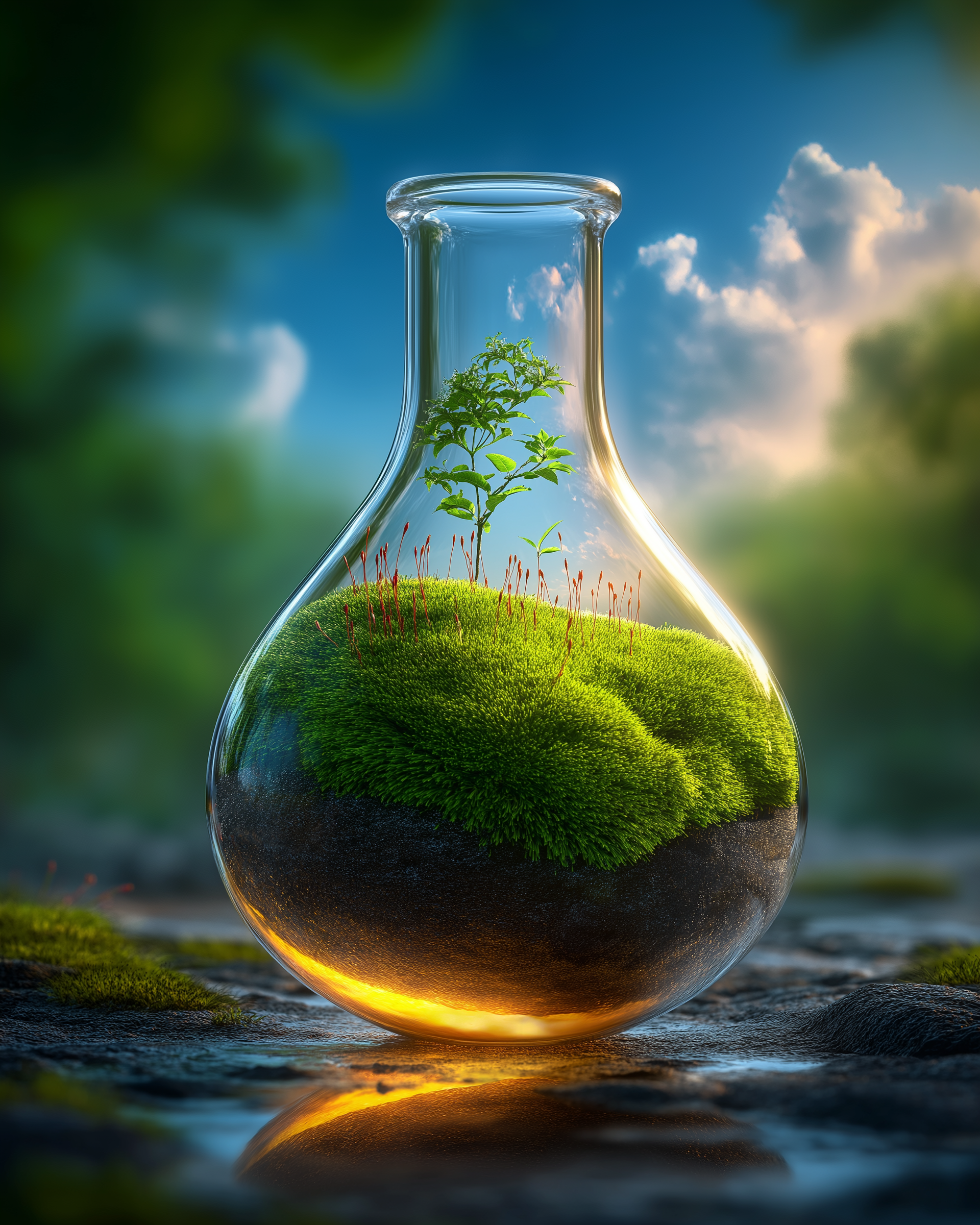 A hand holding a plant growing inside a bottle in a garden